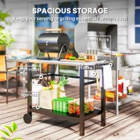 Outsunny Outdoor Grill Dining Cart with Stainless Steel Tabletop, 2-Shelf BBQ Movable Pizza Oven Stand with Wheels, Charcoal Grey(m-5)