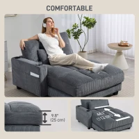 HOMCOM 58" Chaise Lounge Indoor, Oversized Corduroy Sofa Bed with 2 Cup Holders, Pillow, Deep Seat Sleeper Couch, Dark Grey(m-6)