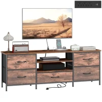 HOMCOM TV Stand for TVs up to 65 Inch, Industrial TV Console with Charging Station, 5 Drawers and Open Shelves, Rustic Brown(m-11)