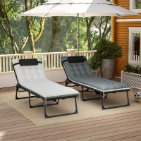 Outsunny Outdoor Lounge Chair Set of 2, Folding Chaise Lounge Tanning Chair with Cushion, Side Pocket, Black/Grey(m-10)