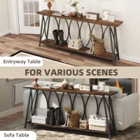 HOMCOM 71" Console Table, Industrial 2-Tier Narrow Entryway Table with Metal Frame for Living Room, Hallway, Rustic Brown(m-7)