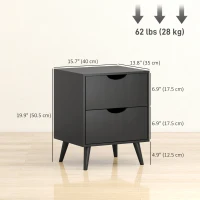 HOMCOM Modern Bedside Table Set of 2, Nightstand with 2 Drawers and Pine Wood Legs for Bedroom, Living Room, Black(m-3)