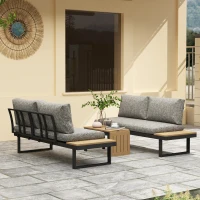 Outsunny 3 Pieces Aluminum Corner Patio Furniture Set Sectional Outdoor Sofa Set with 2 Loveseats Wood-Plastic Coffee Table(m-1)