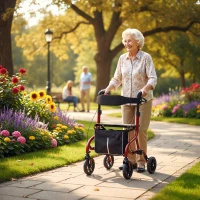 HOMCOM Foldable Rollator Walker with Seat for Seniors, Lightweight Rolling Walker with Adjustable Handles, Red(m-10)