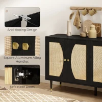 HOMCOM 55" Sideboard Buffet Cabinet, Boho Storage Cabinet with Adjustable Shelves, Soft Close Doors and Rattan Front, Black(m-7)
