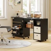 HOMCOM Rolling Sewing Machine Table with Power Outlet, Folding Craft Table with 2 Fabric Drawers, 2 Bins and 18 Pegs, Black(m-10)