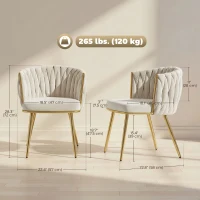 HOMCOM Modern Dining Chairs Set of 2, Velvet-Feel Upholstered Kitchen Chairs with Woven Backrest and Metal Legs, Cream White(m-3)