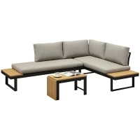 Outsunny 3 Pieces Aluminum Corner Patio Furniture Set Sectional Outdoor Sofa Set with 2 Loveseats Wood-Plastic Coffee Table(m-11)