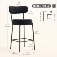 HOMCOM Set of 2 Barstools, Upholstered Bar Stools with Backrest, Footrest for Kitchen Island, Dining Room, Black(m-3)