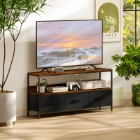 HOMCOM TV Stand with Charging Station, TV Table with 3 Foldable Linen Drawers and Open Shelf for 55 Inch Television, Rustic Brown(m-1)