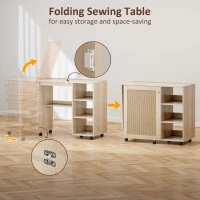 HOMCOM Sewing Machine Table with Drop Leaf, Folding Craft Table Rattan Door and Storage Shelves for Small Spaces, Natural(m-5)