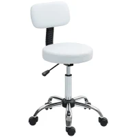 HOMCOM Adjustable Rolling Stool with Removable Backrest, Faux Leather Swivel Stool Chair for Salon Spa, Bar, Massage, White(m-11)