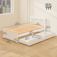 HOMCOM Pine Twin Bed Frame, Wood Storage Bed Frame with Drawers, Wood Slat Support, No Box Spring Needed, Easy Assembly, White(m-3)