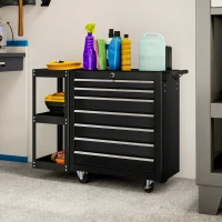 HOMCOM 7-Drawer Rolling Tool Chest with Detachable Side Shelf, Lockable Tool Cabinet Box Organizer with Wheels, Black(m-8)