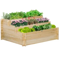 Outsunny 3 Tier Raised Garden Bed with 9 Grow Grids and Bed Liner for Garden, Outdoor to Vegetables, Flowers, Natural(m-2)