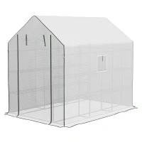 Outsunny Walk-in Greenhouse with 3 Tier, Garden Plant Growhouse with Roll-up Door and Mesh Windows, 140 x 213 x 190 cm, White(m-2)