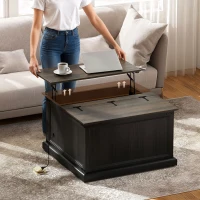 HOMCOM Lift Top Coffee Table with Charging Station, Square Farmhouse Center Table with Hidden Storage, Black Wood Grain(m-7)