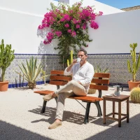 Outsunny 47 Inch Outdoor Garden Bench, Aluminum Wood Patio Loveseat with Slatted Seat Back, 528 lbs. for Porch, Park, Coffee(m-8)