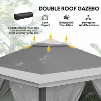 Outsunny 11' x 11' Pop Up Gazebo, Double Roof Foldable Height Adjustable Canopy Tent with Mesh Sidewalls, Carrying Bag, Dark Grey(m-4)