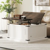 HOMCOM Lift Top Coffee Table with Charging Station, Square Farmhouse Center Table with Hidden Storage, White Wood Grain(m-1)