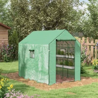 Outsunny Walk-in Greenhouse with 3 Tier, Garden Plant Growhouse with Roll-up Door and Mesh Windows, 140 x 213 x 190 cm, Green(m-10)