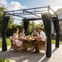 Outsunny 10' x 10' Outdoor Gazebo, Retractable Pergola Canopy with Curtains, UPF30+ Free Standing Metal Pergola Kit, Dark Grey(m-1)