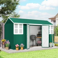 Outsunny 12' x 5.5' Metal Garden Storage Shed, Outdoor Tool Storage House with Lockable Door, Vents, Sloped Roof, Green(m-8)