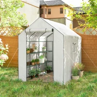 Outsunny Walk-in Greenhouse with 3 Tier, Garden Plant Growhouse with Roll-up Door and Mesh Windows, 140 x 213 x 190 cm, White(m-10)
