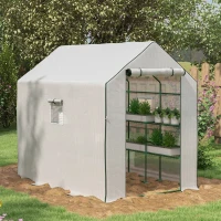 Outsunny Portable Greenhouse, Walk-In Small Outdoor Green House with 2 Tier U-Shaped Flower Rack Shelves, 4.6' x 4.7', White(m-1)