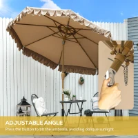 Outsunny 9 ft Patio Umbrella with Push Button Tilt and Crank, Double-ruffled Outdoor Market Table Umbrella Parasoll, Khaki(m-4)