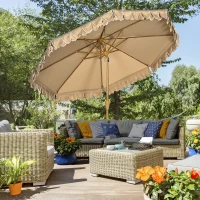 Outsunny 9 ft Patio Umbrella with Push Button Tilt and Crank, Double-ruffled Outdoor Market Table Umbrella Parasoll, Khaki(m-8)