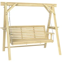 Outsunny 3 Seat Wooden Porch Swing with Stand, Patio Swing with Side Tables, for Garden, Poolside, Backyard, Natural Wood(m-2)