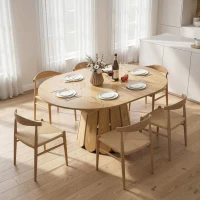 HOMCOM Extendable Dining Table, Round to Oval Convertible Kitchen Table with Storage Shelf for Dining Room, Natural(m-1)