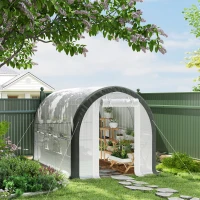 Outsunny 10'x6.6'x6.6' Upgraded Tunnel Greenhouse Green House with Mesh Door and Windows, 6 Plant Labels and Gloves, White(m-1)