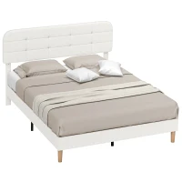 HOMCOM Queen Size Bed Frame with Adjustable Headboard Upholstered Platform Bed Frame with Wood Slat Support Noise Free White(m-11)