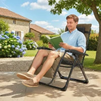 Outsunny Folding Garden Chair, Reclining Zero Gravity Chair, Sun Lounger with Cushion and Headrest, Khaki(m-1)