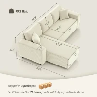 HOMCOM Corner Sofa with Reversible Chaise Lounge, Corduroy L-Shaped Sectional Sofa with Pocket Spring, Cream White(m-3)