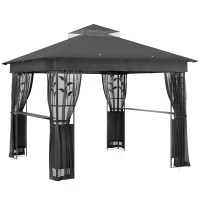 Outsunny 10' x 10' Outdoor Gazebo with Shelves and Netting, UV30+ Double Roof Patio Gazebo for Lawn, Backyard and Deck(m-2)