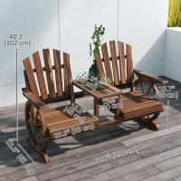 Outsunny Wooden Outdoor Loveseat, Wagon Wheel Outdoor Bench with Table, Carbonized(m-3)