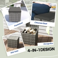 Outsunny 2 Pieces Wicker Outdoor Ottoman with Storage, Cushion, Square Outdoor Footstool, Seating, Side Table, Dark Grey(m-7)