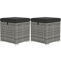 Outsunny 2 Pieces Wicker Outdoor Ottoman with Storage, Cushion, Square Outdoor Footstool, Seating, Side Table, Dark Grey(m-2)