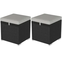 Outsunny 2 Pieces Wicker Outdoor Ottoman with Storage, Cushion, Square Outdoor Footstool, Seating, Side Table, Light Grey(m-11)
