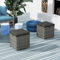 Outsunny 2 Pieces Wicker Outdoor Ottoman with Storage, Cushion, Square Outdoor Footstool, Seating, Side Table, Dark Grey(m-8)