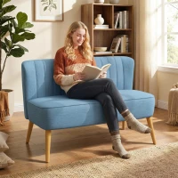 HOMCOM Modern 2 Seat Sofa for Bedroom, Upholstered Two Seater Couch with Rubber Wood Legs, Blue(m-1)