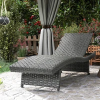 Outsunny Patio Lounger, Folding Wicker Outdoor Chaise Lounge with 4-Level Adjustable Backrest, Grey(m-10)