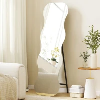 HOMCOM 64" x 21" Full Length Mirror, Irregular Wavy Frameless Full Body Mirror with Pine Wood Base for Bedroom, Black(m-1)