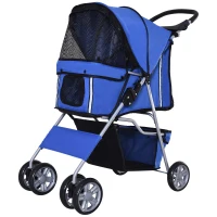 PawHut 4 Wheel Pet Stroller for Small Dogs Cats, Dog Stroller with Folding Sunshade Canopy, Pet Carrier Folding Sunshade Canopy with Brake, Safety Leash, Cup Holder, Blue(m-11)