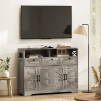 HOMCOM Sideboard, Buffet Cabinet with 4 Barn Doors and 3 Drawers, Coffee Bar Cabinet with Adjustable Shelves, Grey(m-10)