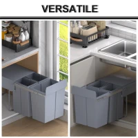 HOMCOM Pull Out Trash Can Under Cabinet, 10.6 Gallon (40L) Slide Out Garbage Can with 3 Removable Compartments, Grey(m-7)
