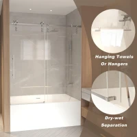 Sliding Shower Door with Waterproof Seals and Tempered Glass, Bathroom Door with Towel Bar Handle, 60" L x 0.5" W x 66" H, Brushed Nickel(m-5)